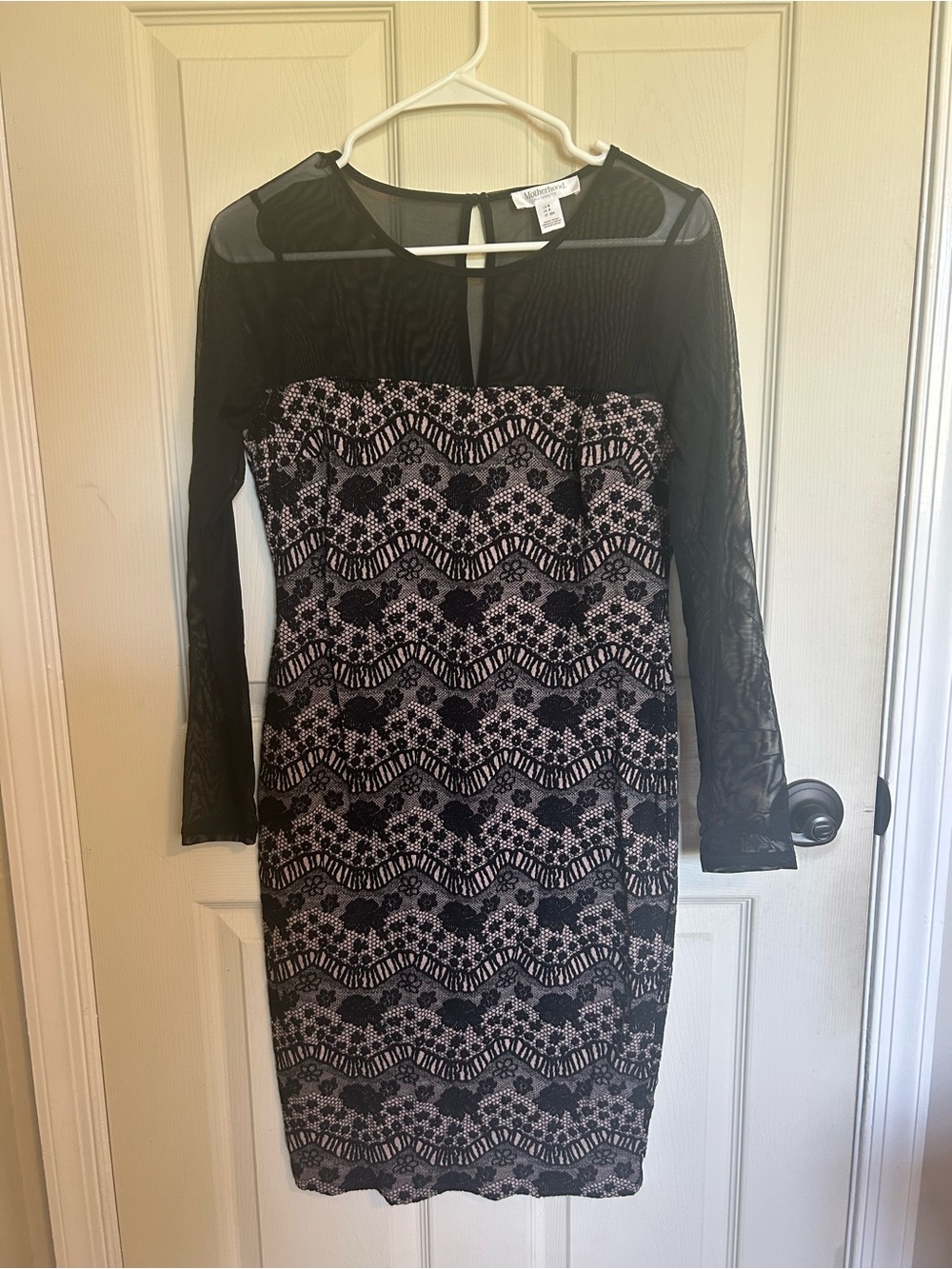 Motherhood Maternity Black Lace Overlay Long-Sleeve Sheath with Nude Underlay